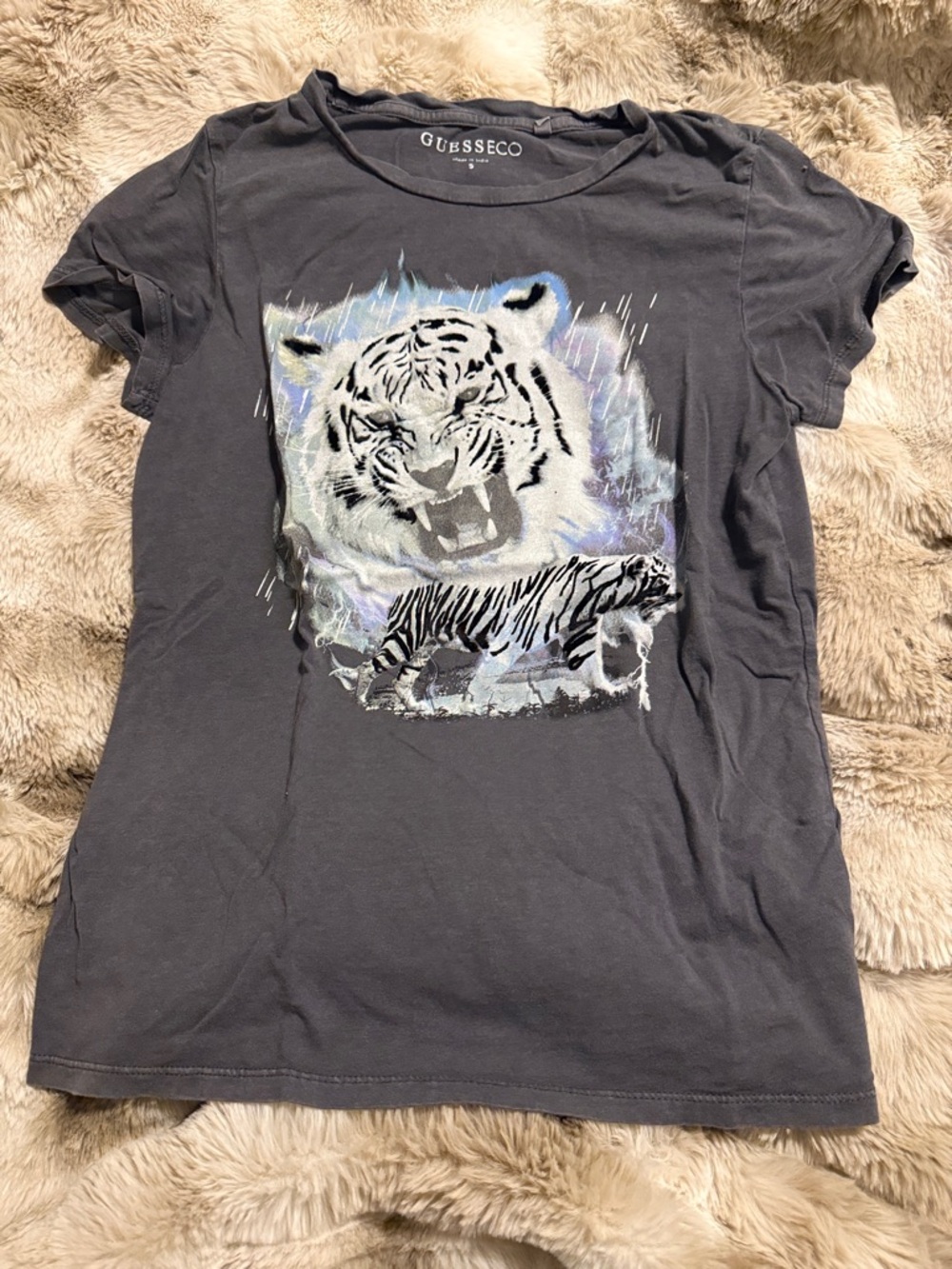 GUESS - Charcoal Graphic Tiger Short Sleeve Tee with Iridescent Accents - Small